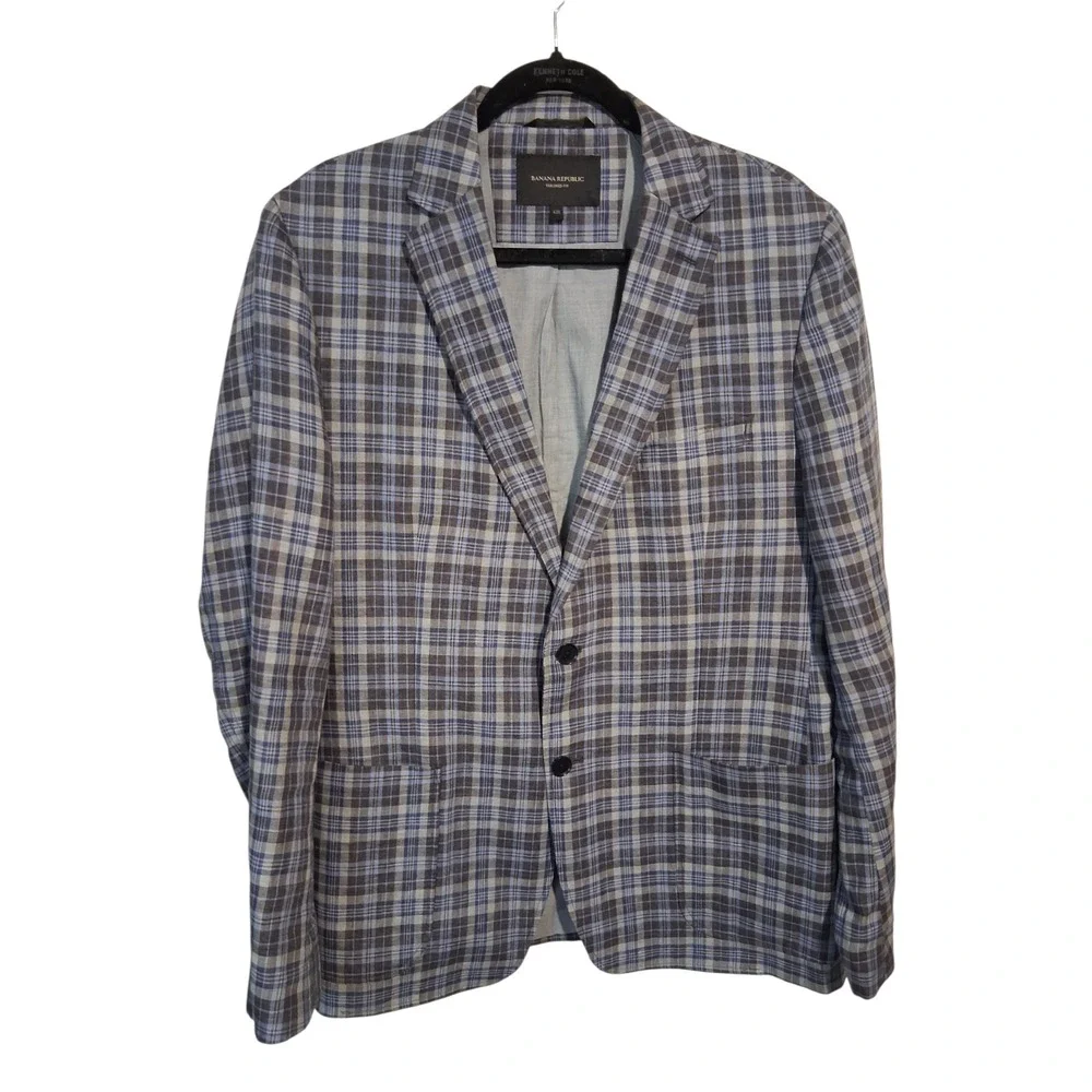 Banana Republic 100% Linen Plaid Mens size 42R Preppy Classic Career Suit Blazer